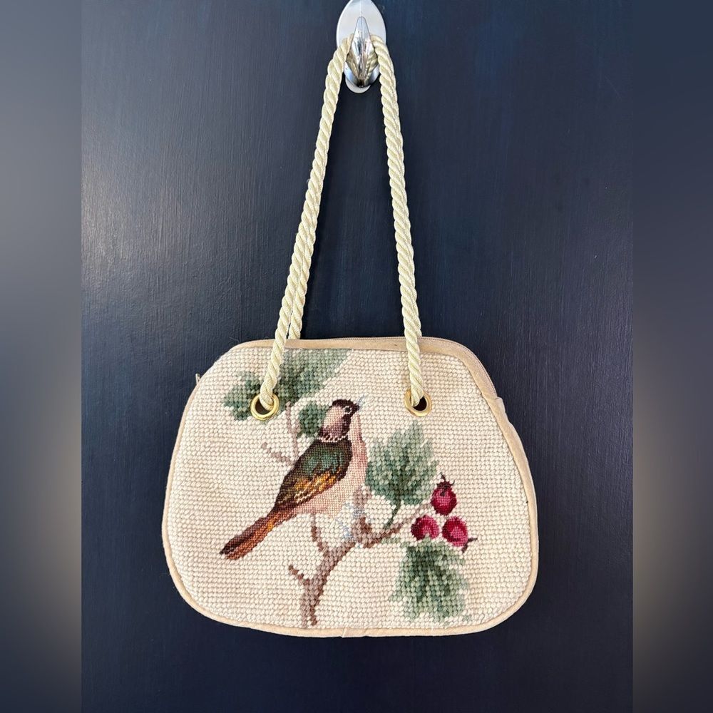 Vintage artisan hand needlepoint bird boho mini bag soft velvety backside